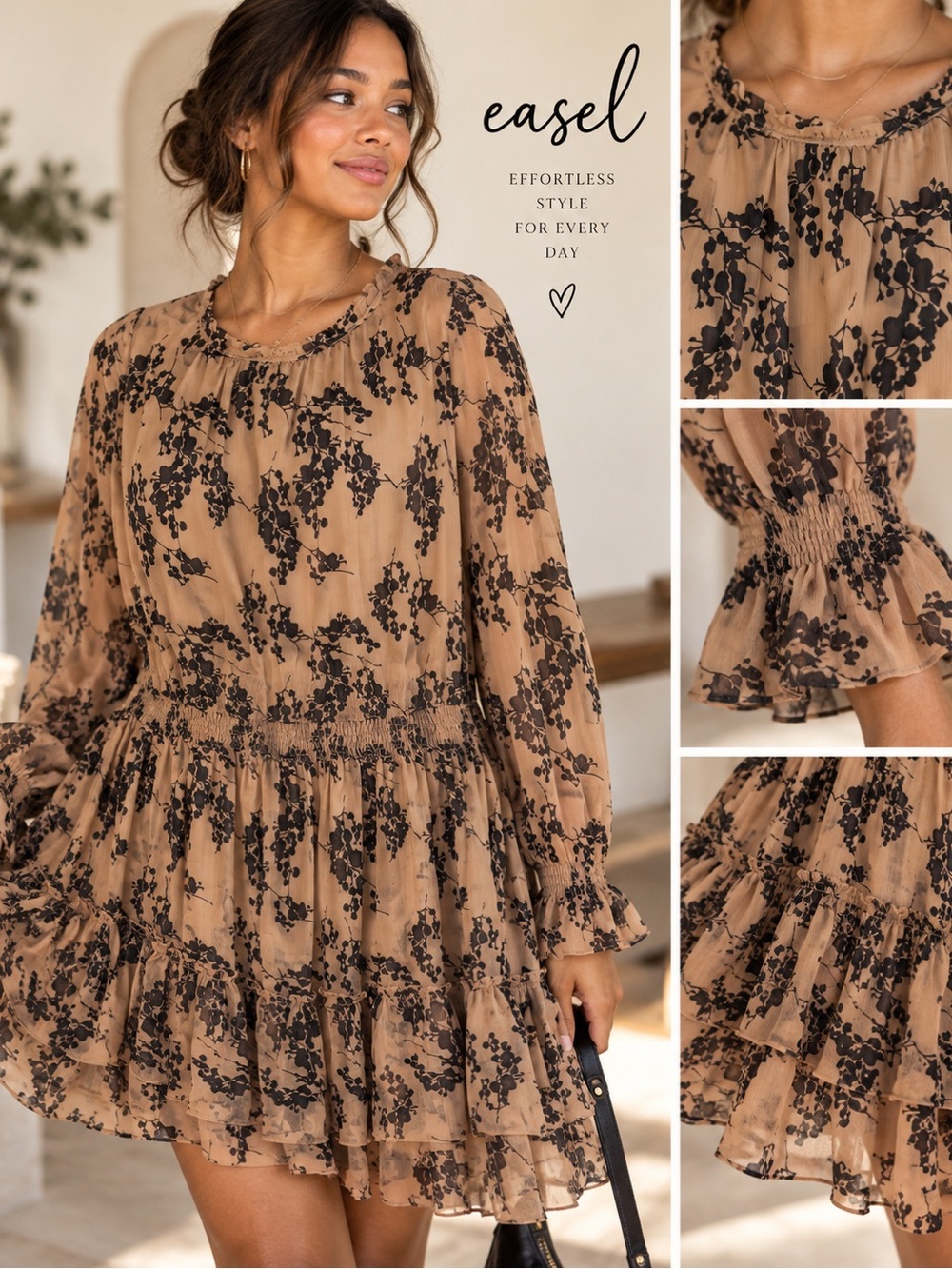 Easel Floral Print Ruffle Mini Dress Tan Black Long Sleeve Size Large